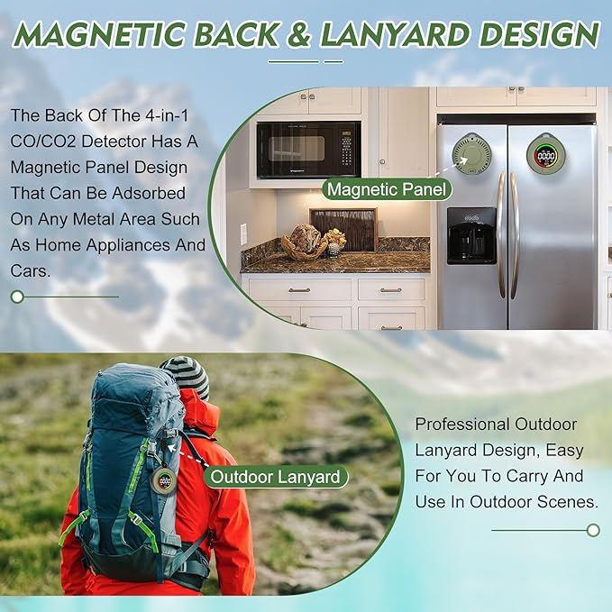 Lunarlipes Portable CO ＆ CO2 Detectors for Travel, 4-in-1 Carbon Monoxide and Carbon Dioxide Monitor with Magnetic Suction, Rechargeable CO CO2 Alarm Temp/Humidity Sensor,120-140HR Standby for Home/RV