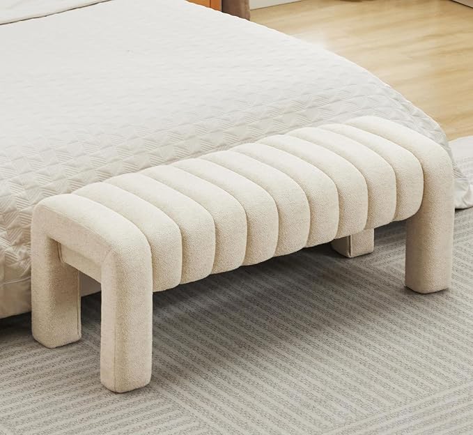 43" End of Bed Bench, Linen Beige | Channel Tufted Upholstered, Entryway Bench - Image 5