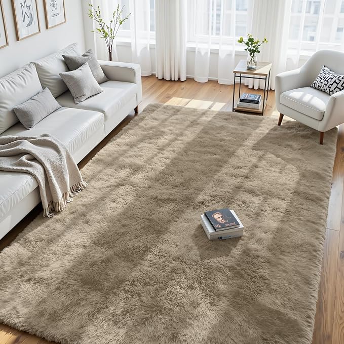 8x10 Fluffy Area Rug for Living Room: Non-Slip Grey Camel Bedroom Carpet | by Oriannal