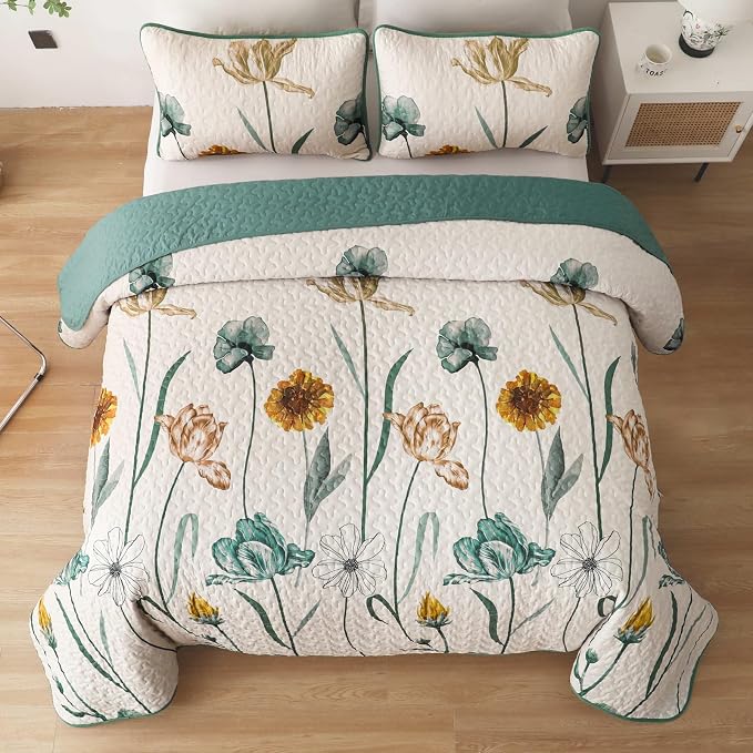 WONGS BEDDING Floral Quilt Set King Size, Aqua Botanical Coverlet | Farmhouse - Image 3