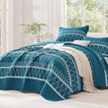 Teal King Size Quilt Set, 3 Pieces Boho Striped Bedspread | Soft Lightweight by Andency