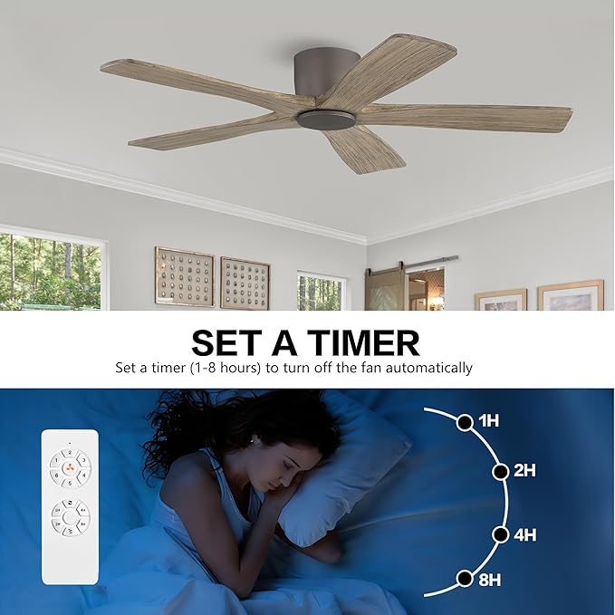 WINGBO 48" Flush Mount DC Ceiling Fans without Lights, 5 Carved Solid Wood Blades, 6-Speed Reversible DC Motor, Low Profile Hugger Ceiling Fan No Light for Living Room Bedroom Patio, Graphite and Gray