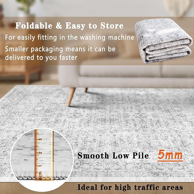 6x9 Area Rug, Ultra-Soft Washable Rug for Living Room, Dinner Room, Bedroom, Non-Slip Vintage Floral Rug, Indoor Carpet Large Area Rug, Grey