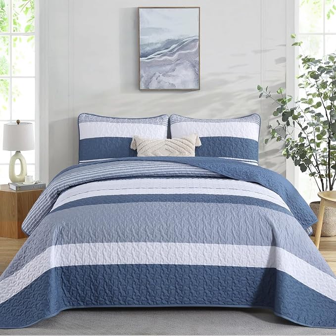 Dinjoy California King Striped Quilt, Mineral Blue Lightweight Bedspread | Soft by DINJOY