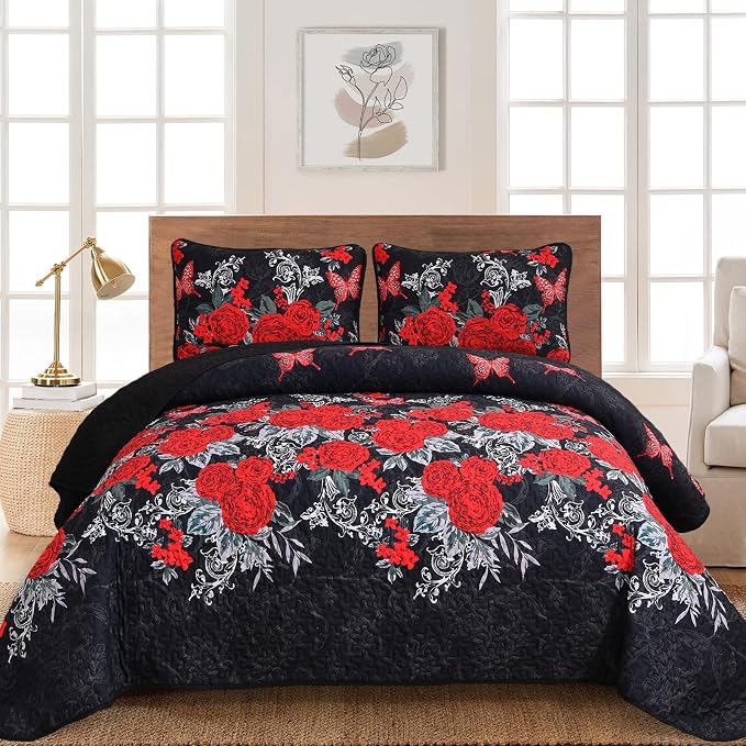 Yiran Black Floral Quilt Set King Size, 3 Pieces Botanical Quilt Set | Summer by Yiran