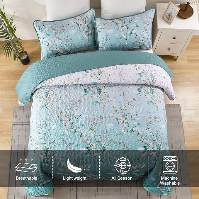 Aninbedding Floral Queen Quilt Set, 3 Piece Gradient Aqua Flower Pattern - Image 4