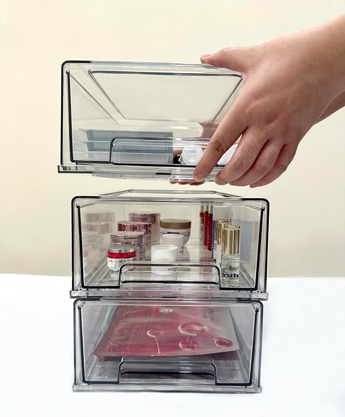Stackable storage drawers, clear pull-out organizer with handles and non-slip pads for kitchen, refrigerator,office desktop, pantry and shelves, perfect for organization and storage (2 Pack, Medium)