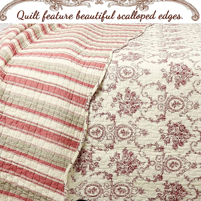 Cozy Line Home Fashions French Medallion Beige Burgundy Red Rose Flower Pattern - Image 3