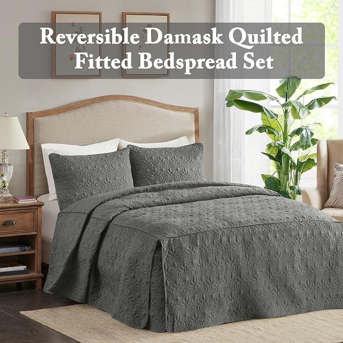 Madison Park Classic Traditional Damask Quilted Bedspread Set, All Season - Image 2