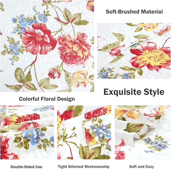 Cmfshape Summer Floral King Quilted Bedspread, Romantic Pink Quilt Set - Image 4