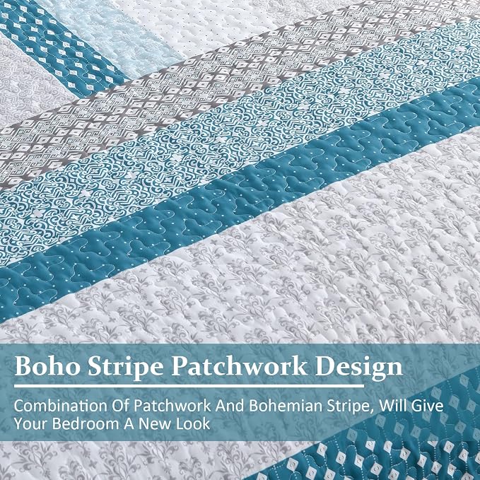 WONGS BEDDING Teal Blue King Size 3-Piece Quilt Set, Boho Stripe Bedspread | - Image 7