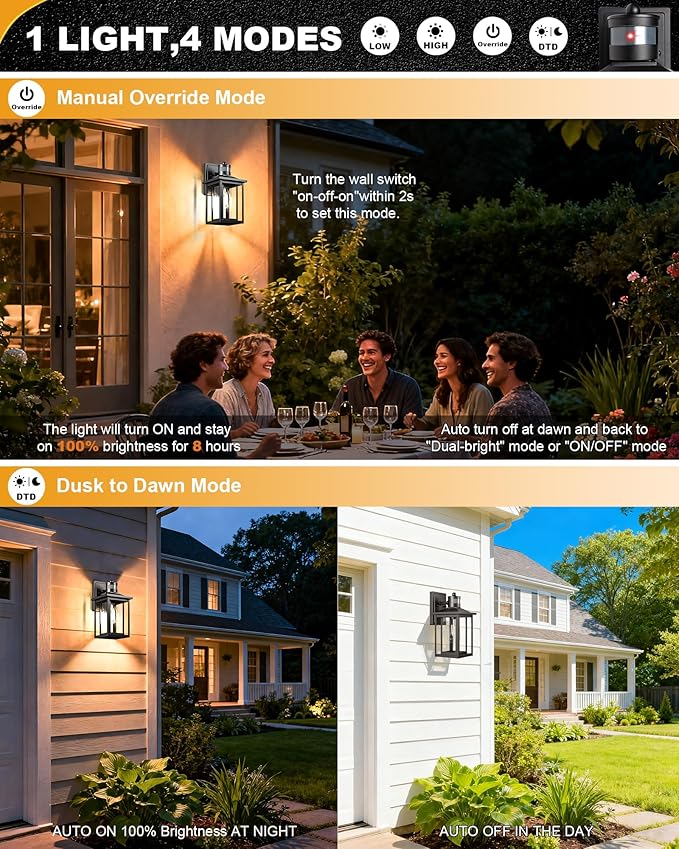 LTBLIGHT 2-Pack Motion Sensor Outdoor Lights, Modern Black Dusk to Dawn Porch Light Lanterns with 4 Modes, Waterproof Exterior Lighting for House, Patio, Garage, Front Door, 120V
