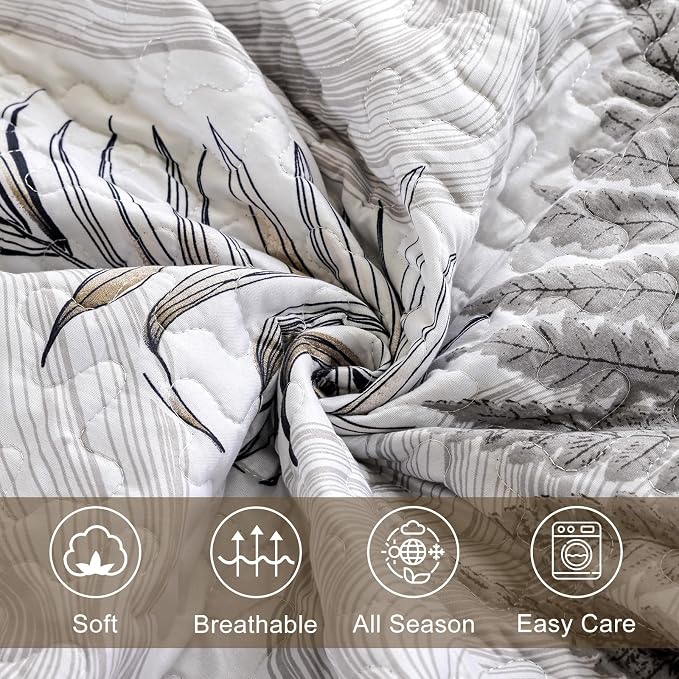 DJY Queen Size Brown Quilt Set, 3 Piece Reversible Leaves Bedding Set | Soft - Image 6