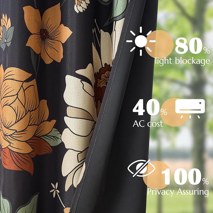 jinchan Black Boho Floral Blackout Curtains W100xL84 Grommet 1 Panel | Room - Image 4