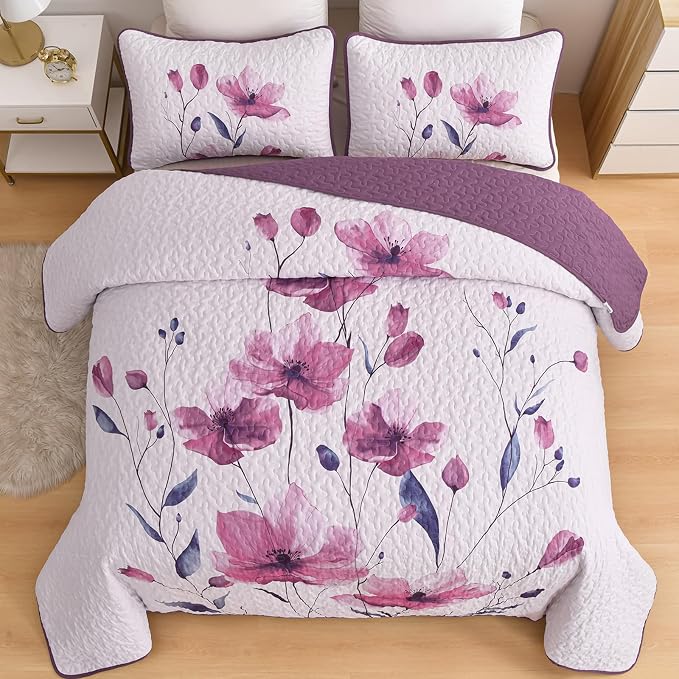 Mybedsoul Floral Quilt Set Queen Size, 3 Pieces Rose Pink Bedspread Coverlet Set - Image 3