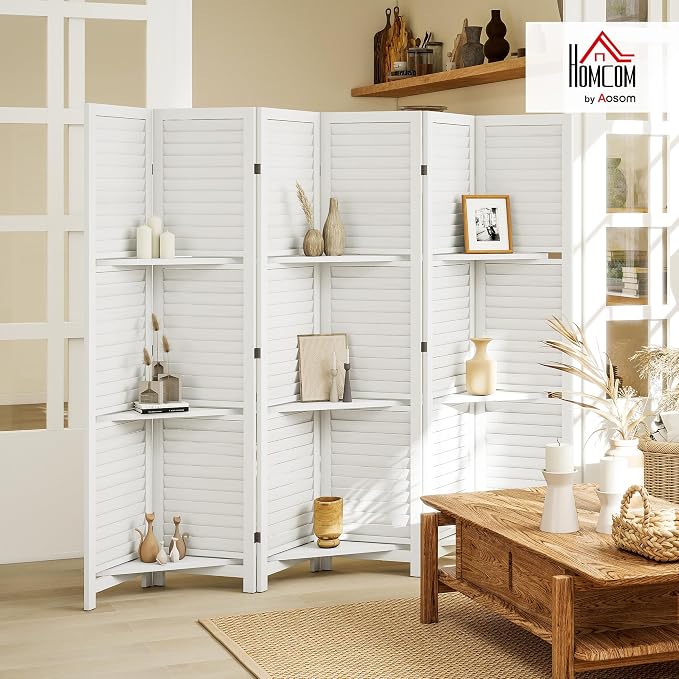 HOMCOM Room Divider with Shelves 6 Panel 67" Wood Screen White | Wood Privacy - Image 2
