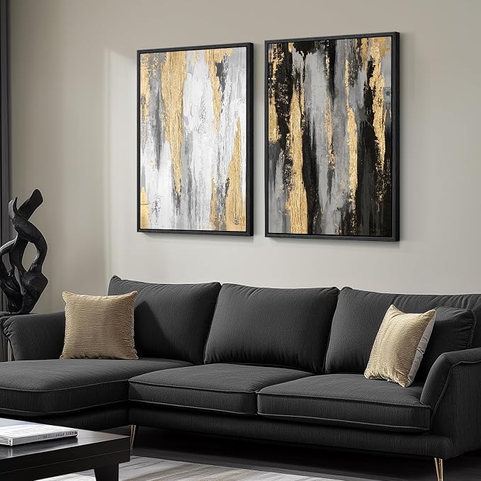 Large Framed Elegant Black White Gold Wall Art - Image 2