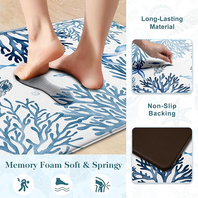 Kitchen Mats for Floor Cushioned Anti Fatigue Sets of 2 Coastal Kitchen Rugs Non Slip Waterproof Nautical Foam Kitchen Floor Rug Beach Theme Coral Fish Comfort Standing Mat for Sink Laundry, Blue