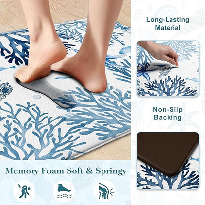 Kitchen Mats for Floor Cushioned Anti Fatigue Sets of 2 Coastal Kitchen Rugs Non Slip Waterproof Nautical Foam Kitchen Floor Rug Beach Theme Coral Fish Comfort Standing Mat for Sink Laundry, Blue