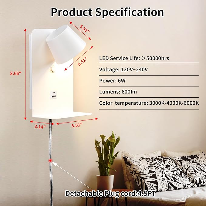 DEC LUCE DECOLUCE LIGHTING Modern LED Plug in Wall Sconce, Dimmable Wireless - Image 4