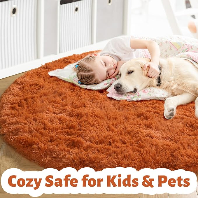 Amdrebio Burnt Orange Shag Plush Big Round Rug 6Ft - Image 2