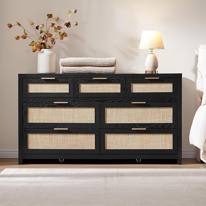 SICOTAS 7 Drawer Dressers for Bedroom Set 2, Long Rattan Dresser, Dresser TV Stand, Closet Organizer Chest of Drawers, Clothes Storage Dressers (Black Oak, 7 Drawers (2 pcs))