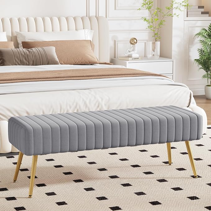 44 Inch Bedroom Benches, Upholstered Tufted Striped Fabric Ottoman Bench - Image 8