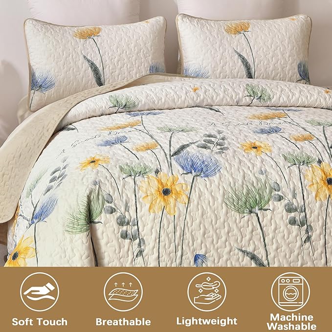 Dinjoy King Size Quilt Set, Floral Printed Bedspread Coverlet Set | Yellow Blue - Image 5