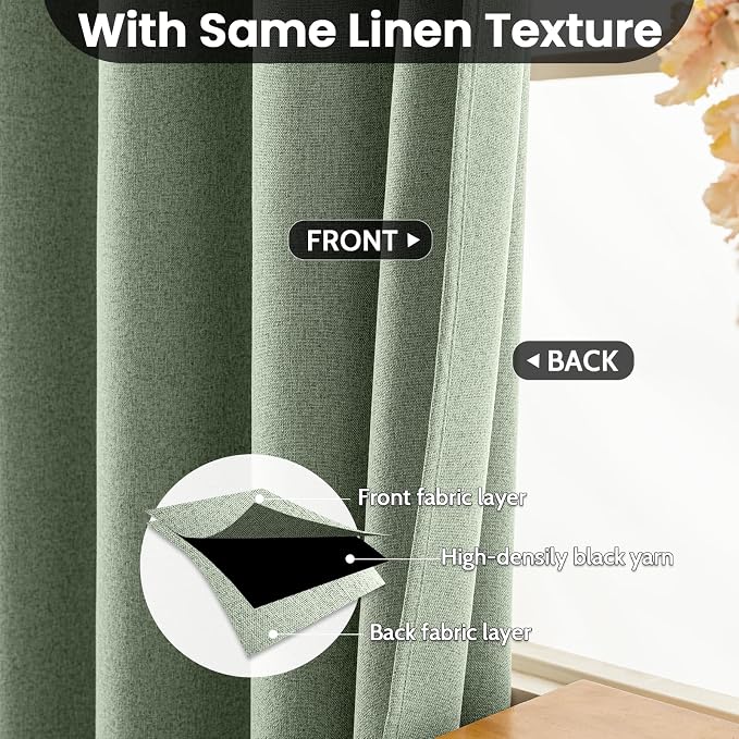 COSVIYA 100% Blackout Sage Green Linen Curtains & Drapes 90 Inch Length | Light - Image 3