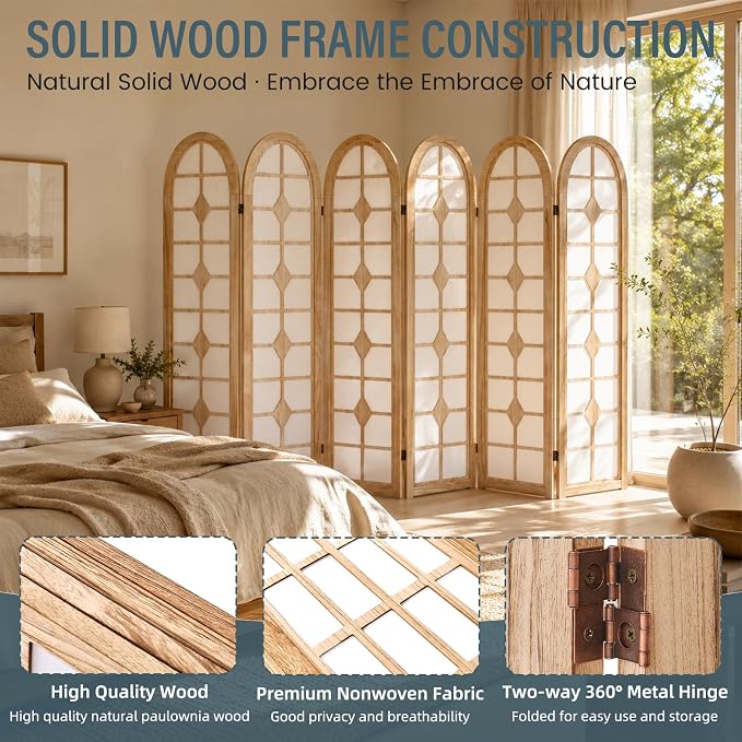 6 Panel Shoji Room Divider, Wood Folding Privacy Screen, Natural | Wood Room - Image 4