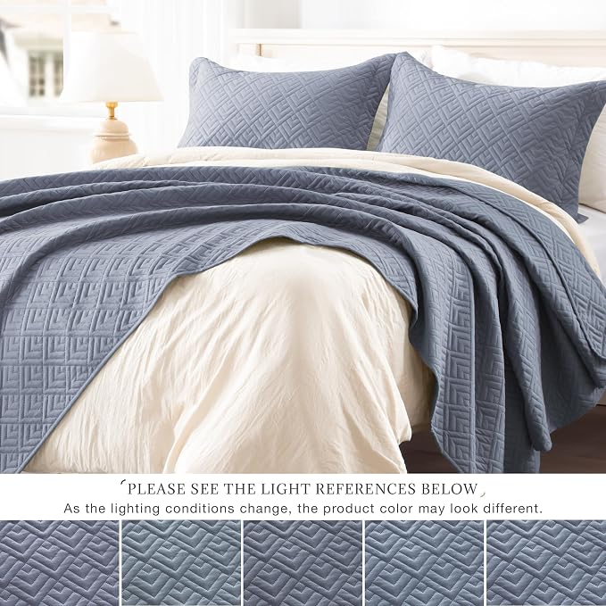 EXQ Home Twin Quilt Set Lightweight Squares Pattern Bluish Grey Bedding Set | - Image 3