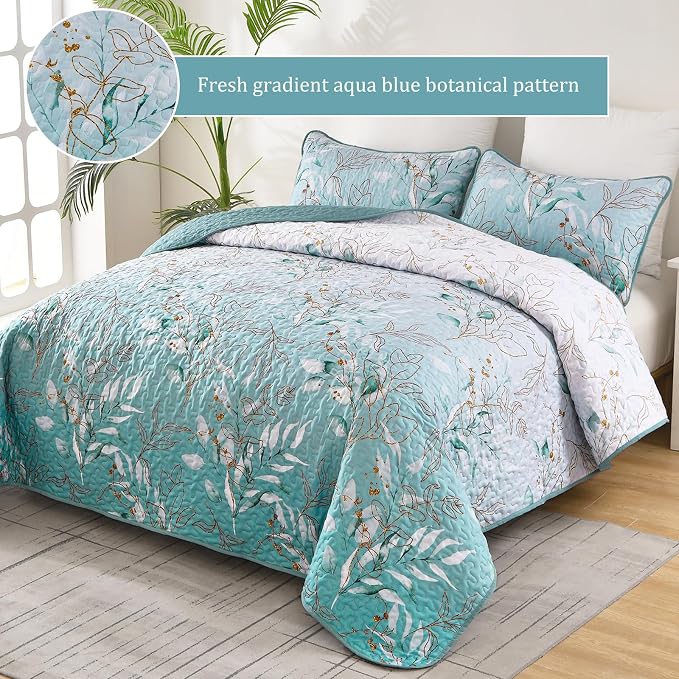 Aninbedding Floral Queen Quilt Set, 3 Piece Gradient Aqua Flower Pattern - Image 5