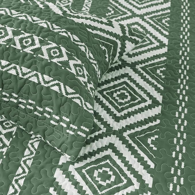 3 Pieces Full Queen Size Olive Green Quilt Set - Image 7
