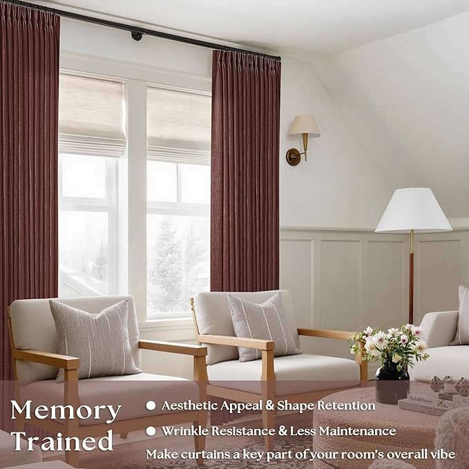 Reddish Brown Linen Pinch Pleated Curtains 96 Inches Long for Living Room Pleated Drapes Back Tab Thick Linen Textured Boho Farmhouse Country Maroon Rust Brown 96 Inch Curtain for Dining Bedroom