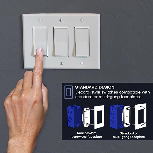 RunLessWire 3-Way Battery-Free DIY Wireless Light Switch Kit 150ft RF Range Self-Powered by Kinetic Energy for Hallways & Stairways: 2 Remote Switches Control 1 5A On/Off Receiver – Black