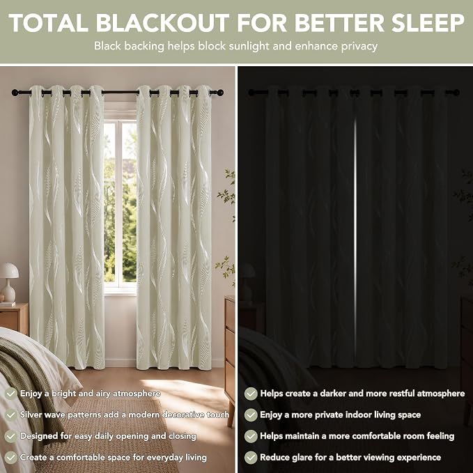 Deconovo Silver Foil Wave Pattern Total Blackout Curtain Panels, Living Room - Image 3