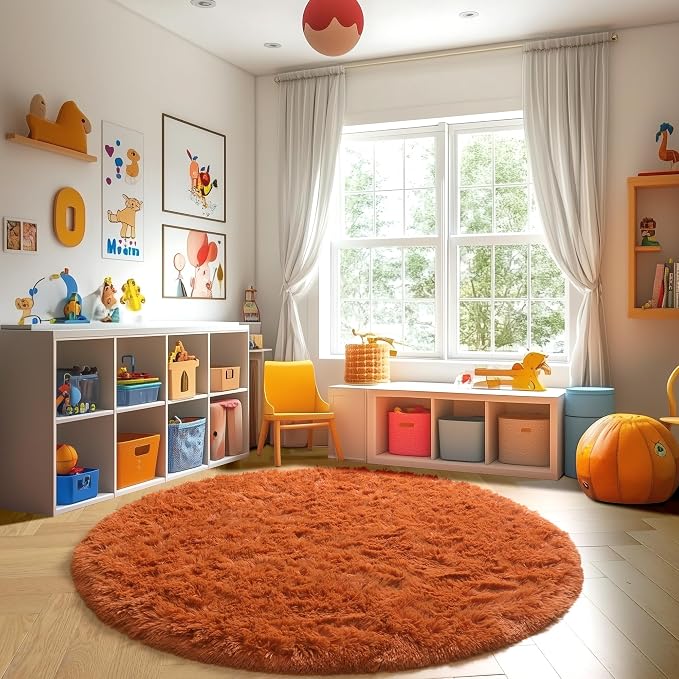 Amdrebio Burnt Orange Fall Round Shag Area Rug 4Ft - Image 7