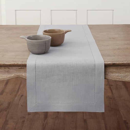 Solino Home Linen Soft Grey Table Runner 120 Inches Long - 100% Pure Linen Hemstitch 14 x 120 Inch Table Runner for Dining, Christmas, New Year - Classic Hemstitch