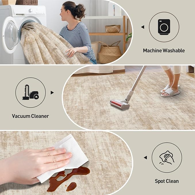 6x9 Area Rugs for Living Room: Washable Abstract Beige Badroom Carpet | - Image 5