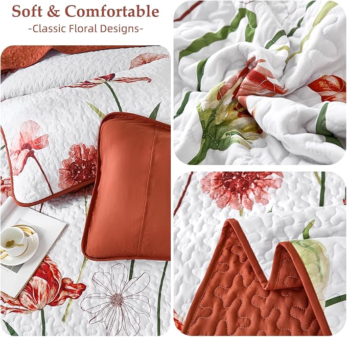 WONGS BEDDING Red Quilt Set Queen Size, Cute Red Floral Botanical Bedspread - Image 8