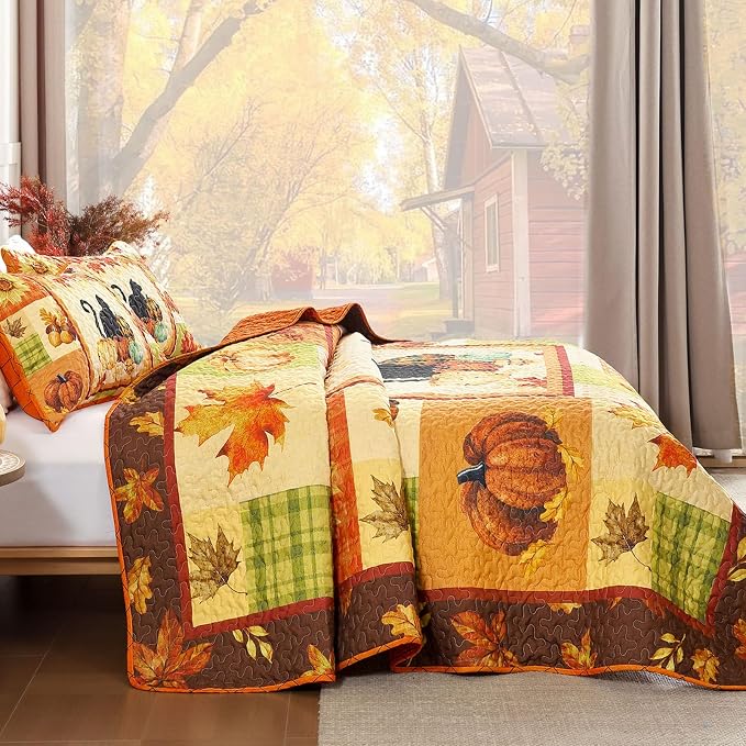 Yiran Happy Thanksgiving Harvest Fall Quilt Set King Size | Pumpkin Maple - Image 4