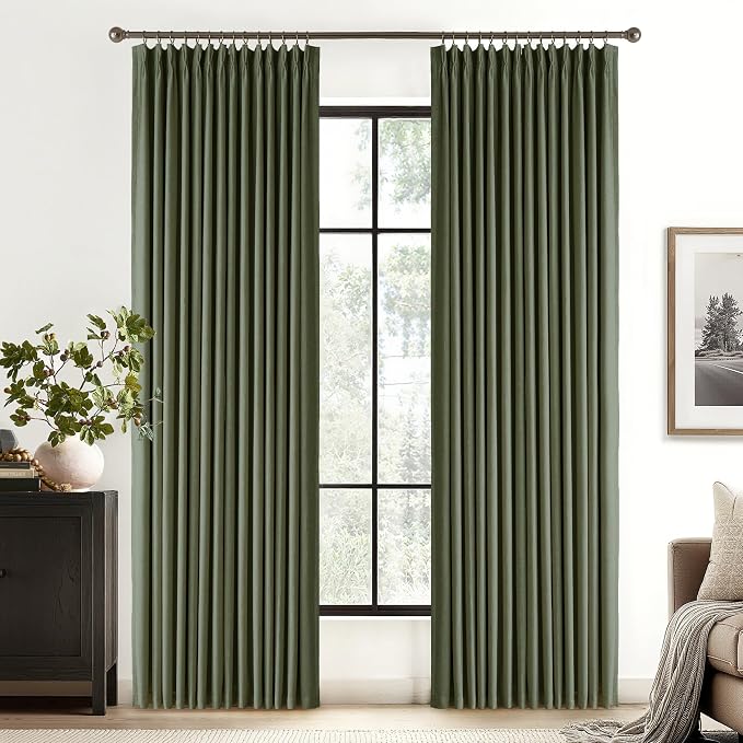 RYB HOME 100% Blackout Olive Green Pinch Pleated Linen Curtains - Image 2