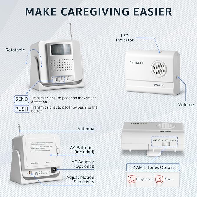 SYNLETT Bed Alarm Caregiver Pager with 2 Wireless Motion Sensors Alarm Indoor Fall Prevention for Elderly Monitoring Seniors Dementia Patients Seniors Home Door Chime