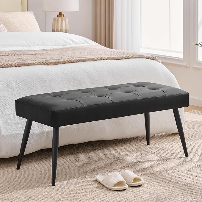 LOULENS Faux Leather Entryway Bench, Modern Upholstered Bench, Matte Black | - Image 6