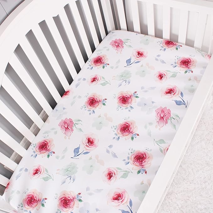 Belsden Pack of 3 Floral Fitted Crib Sheet Set for Baby Girl, Universal Fits Standard Size Crib and Toddler Mattress 28" x 52", Soft Breathable and Machine Washable, Floral Purple & Pink & Pink Rose