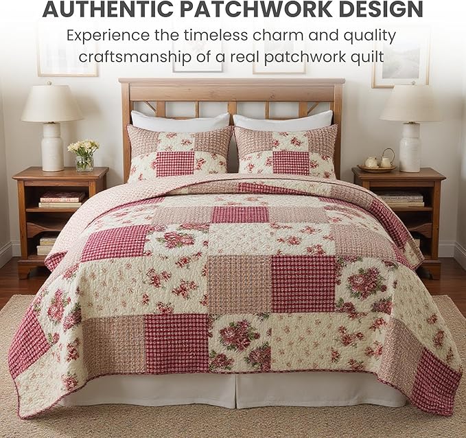 SLPR - Country Roses Red Floral Patchwork Quilt Set, Twin - Image 2