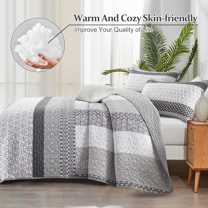 WONGS BEDDING Grey Queen Size Quilt Set, Boho Striped Patchwork Bedspread | 3 - Image 4