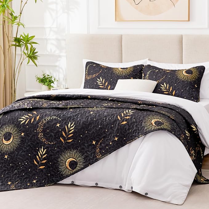 EXQ Home Quilt Set Full Queen Size Black Moon Print Coverlet | Bedding Set - Image 2