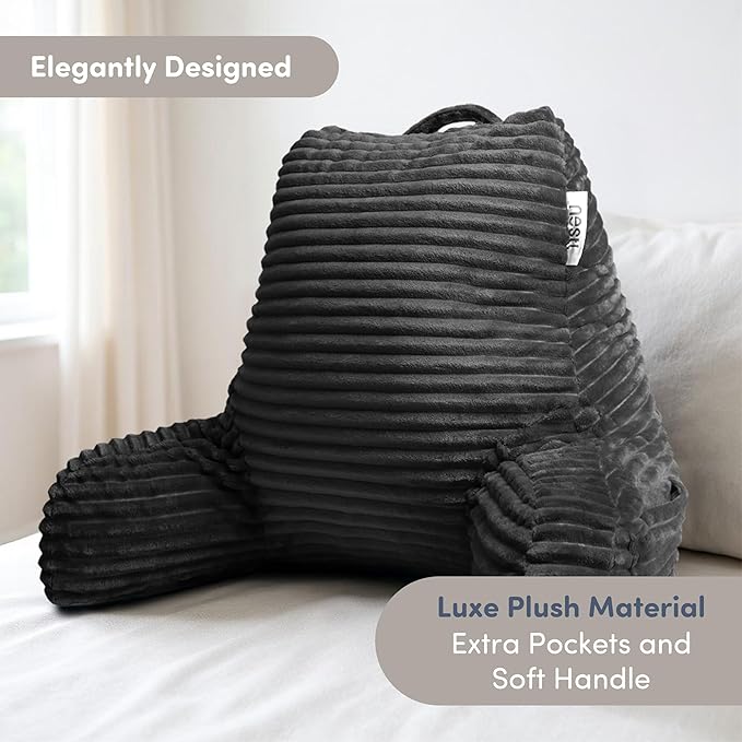 Nestl Reading Pillow with Shredded Memory Foam, Luxe Cut Plush Back Pillow for Sitting Up in Bed, Back and Arms Adjustable Support for Adult & Teens, Backrest Pillows with Washable Cover Dark Grey
