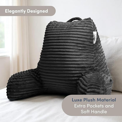 Nestl Reading Pillow with Shredded Memory Foam, Luxe Cut Plush Back Pillow for Sitting Up in Bed, Back and Arms Adjustable Support for Adult & Teens, Backrest Pillows with Washable Cover Dark Grey